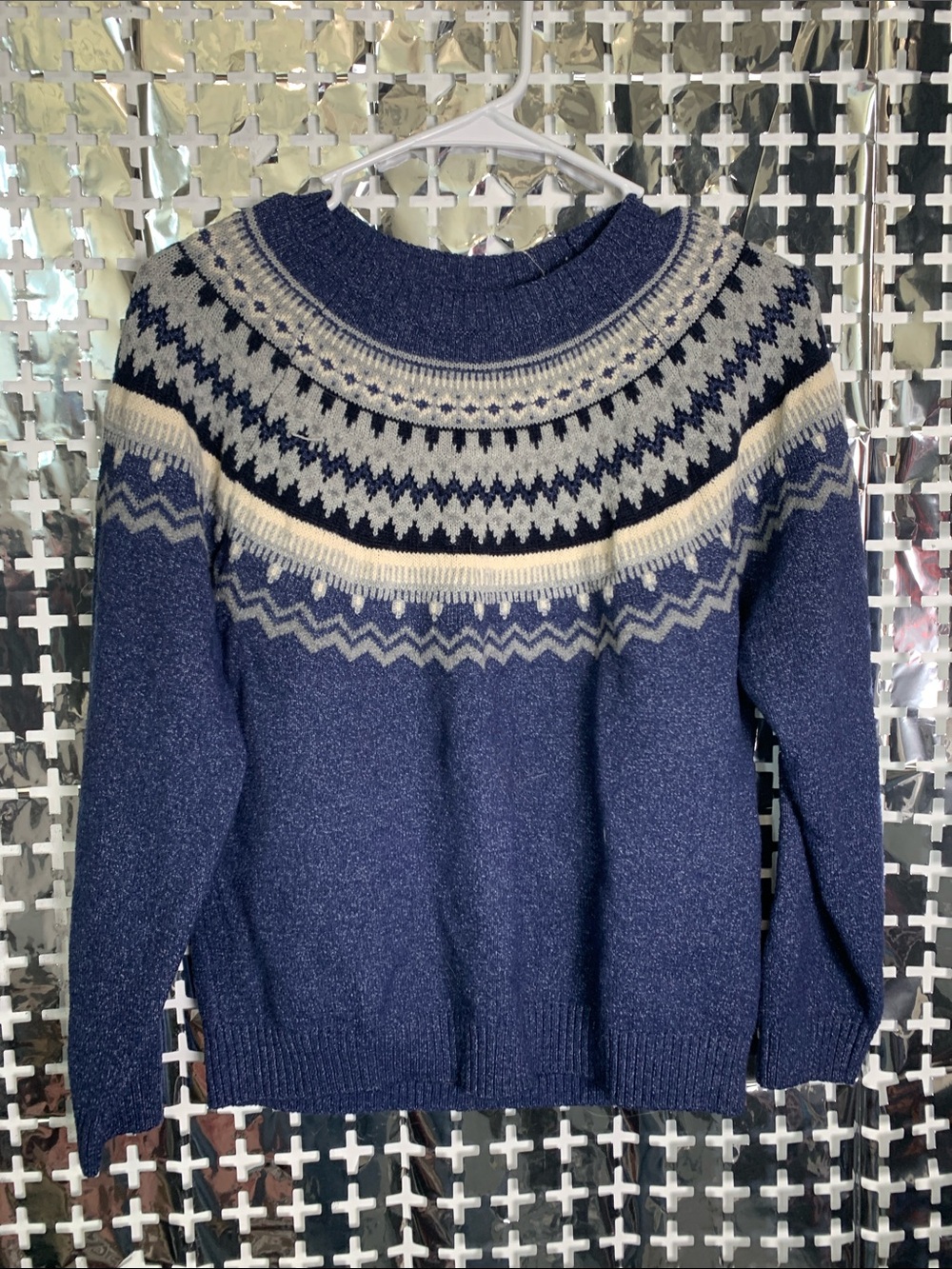 Weatherproof Blue Fair Isle Crewneck Sweater with Cream & Navy Yoke
